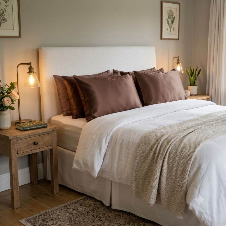 A neatly made bed in a softly lit bedroom, featuring a tall upholstered headboard, white bedding, and multiple brown pillows. A wooden nightstand with a lit lamp and flowers sits beside the bed, and framed wall art is visible above.
