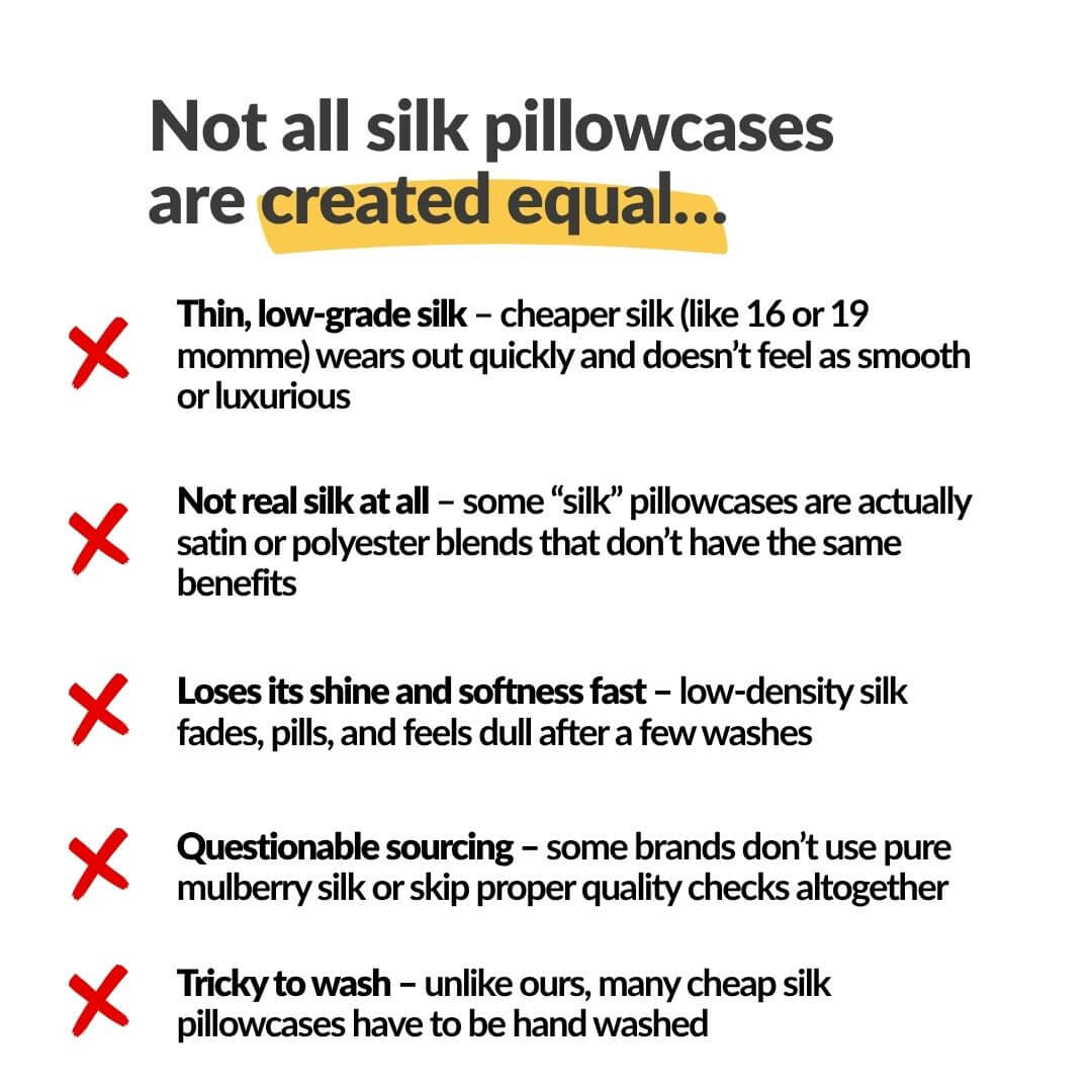 List of points about quality silk pillowcases on a white background