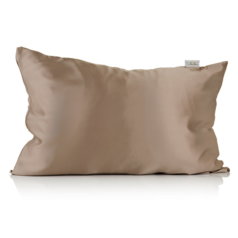 Taupe silk pillowcase on a white background