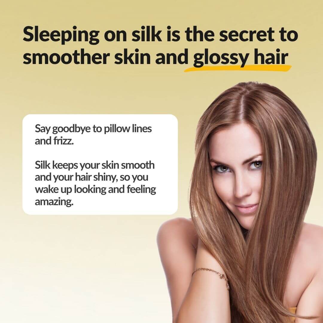 Woman with glossy hair and smooth skin on a beige background with text about sleeping on silk.