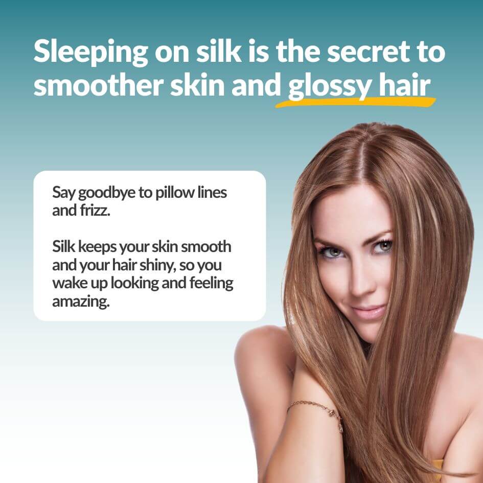 Promotional graphic with the text 'Sleeping on silk is the secret to smoother skin and glossy hair' next to a woman with long, straight, glossy brown hair on a teal-to-white gradient background.