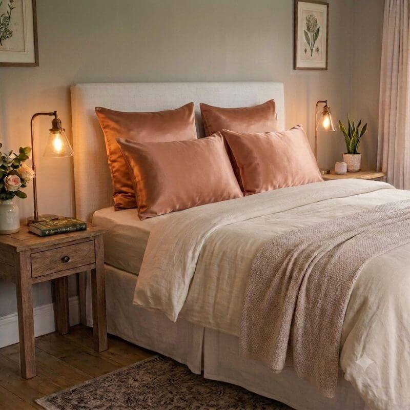 A neatly made bed in a softly lit bedroom, styled with blush pink satin pillows, a cream duvet, textured beige throw blanket, wooden bedside table, and warm bedside lamps.