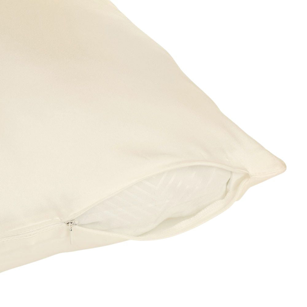 Ivory silk pillowcase with a zipper on a white background