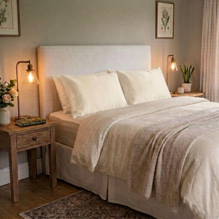 A neatly made bed with a tall upholstered headboard, ivory silk pillows, beige bedding, and a textured throw blanket, styled in a softly lit bedroom with wooden nightstands, lamps, framed wall art, and a plant.