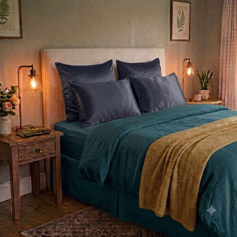 A neatly made bed in a styled bedroom, featuring dark blue and navy blue bedding with a textured mustard yellow throw blanket. The bed has a light beige upholstered headboard, flanked by wooden bedside tables with lit lamps, framed botanical prints on the wall, and a patterned rug on the floor.