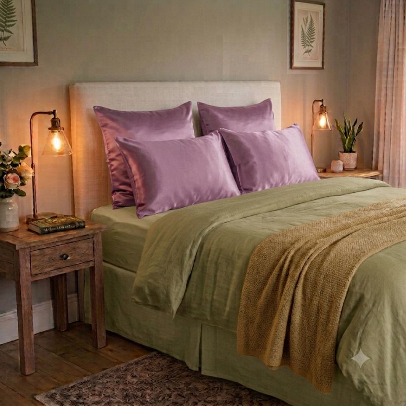 A styled bedroom scene showing a bed made up with purple silk pillowcases, an olive green bed skirt and duvet, and a tan throw blanket. The bed is set in a real room with a wooden nightstand, bedside lamps, wall art, and a plant.