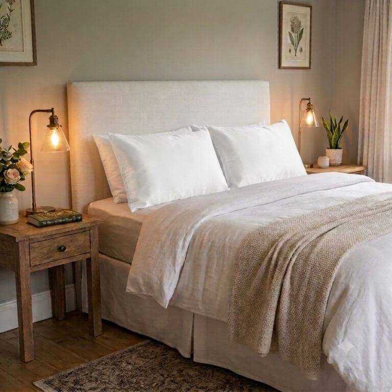 A neatly made bed with white linens, a beige textured throw blanket, and a tall upholstered headboard in a softly lit bedroom. A wooden nightstand with a lit lamp sits on the left, and matching decor is visible on the right side.