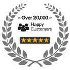 Badge with 'Over 20,000 Happy Customers' and five yellow stars inside a gray laurel wreath.