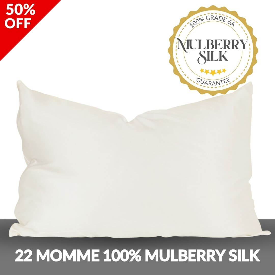 Ivory pillowcase with Mulberry Silk label and 50% off banner on a white background