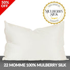 Ivory pillowcase with Mulberry Silk label and 50% off banner on a white background