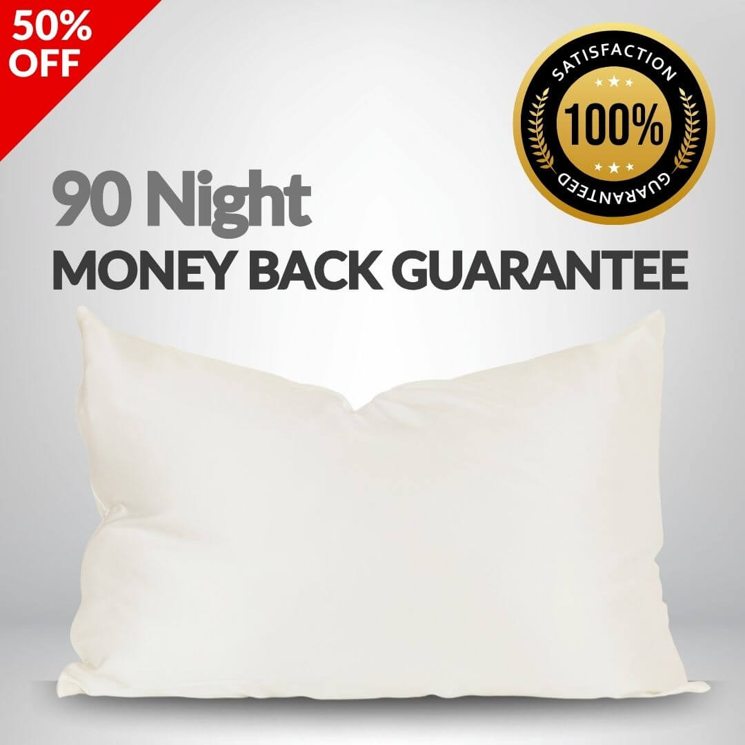 Ivory silk  pillowcase with promotional text and a satisfaction guarantee badge on a grey background