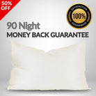Ivory silk  pillowcase with promotional text and a satisfaction guarantee badge on a grey background