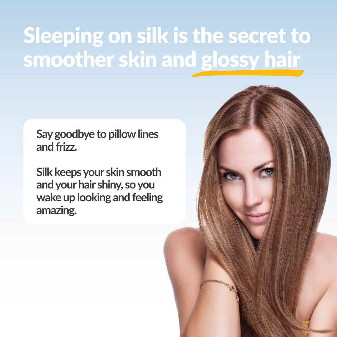 Promotional graphic with the text 'Sleeping on silk is the secret to smoother skin and glossy hair' above a woman with long, straight light brown hair. A speech bubble says, 'Say goodbye to pillow lines and frizz.