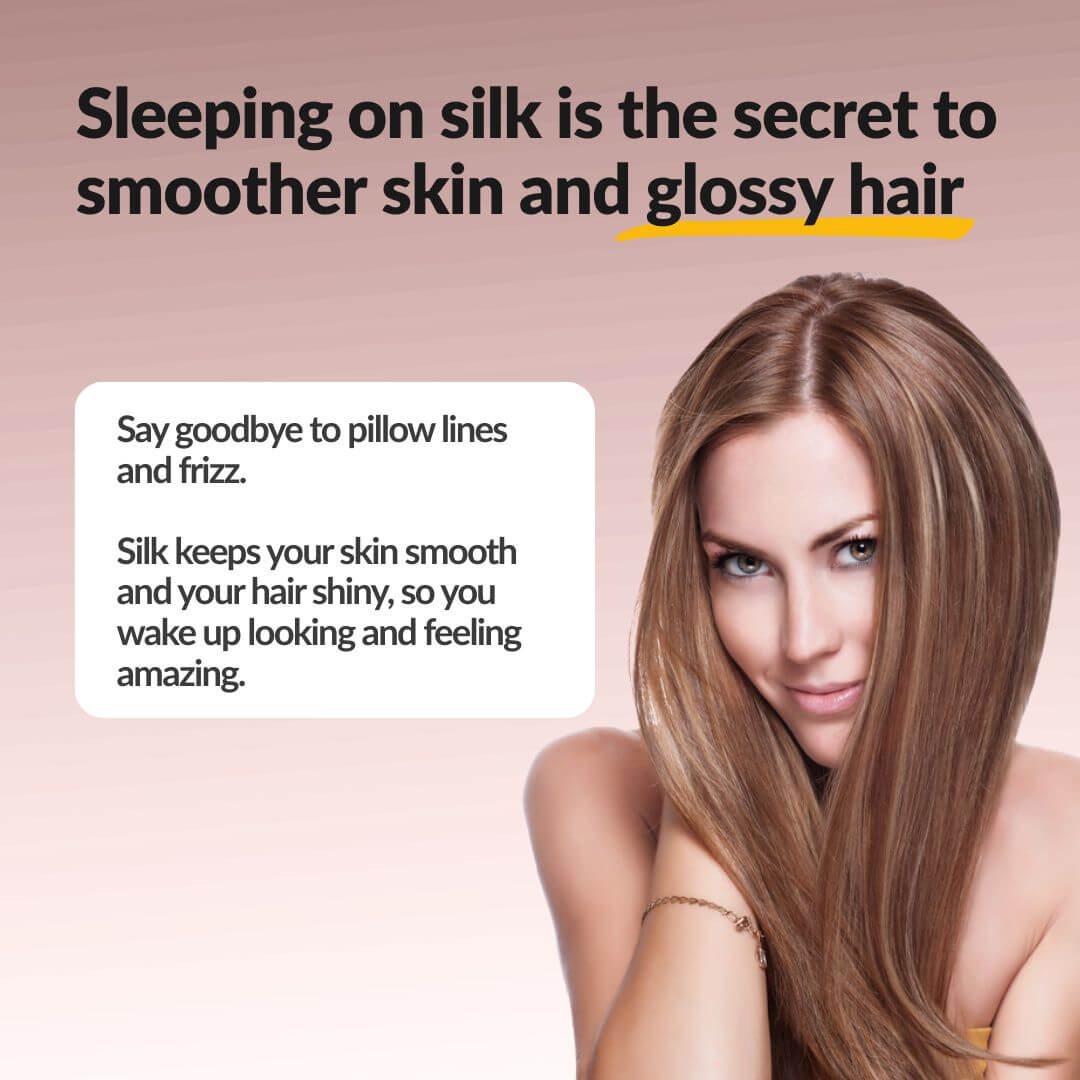 Promotional graphic with the text 'Sleeping on silk is the secret to smoother skin and glossy hair' above a woman with long, straight light brown hair against a soft pink background, with a white text box on the left.