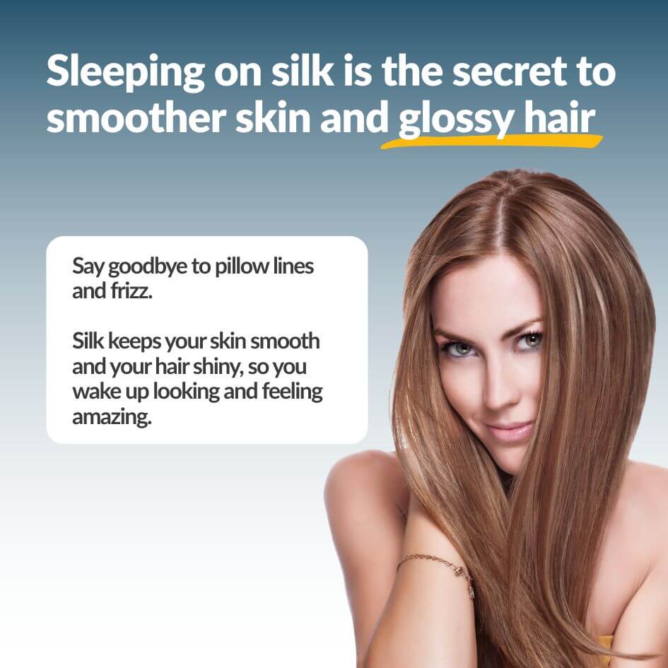 Promotional graphic with the text 'Sleeping on silk is the secret to smoother skin and glossy hair' next to a woman with long, shiny light brown hair, on a blue-to-white gradient background.