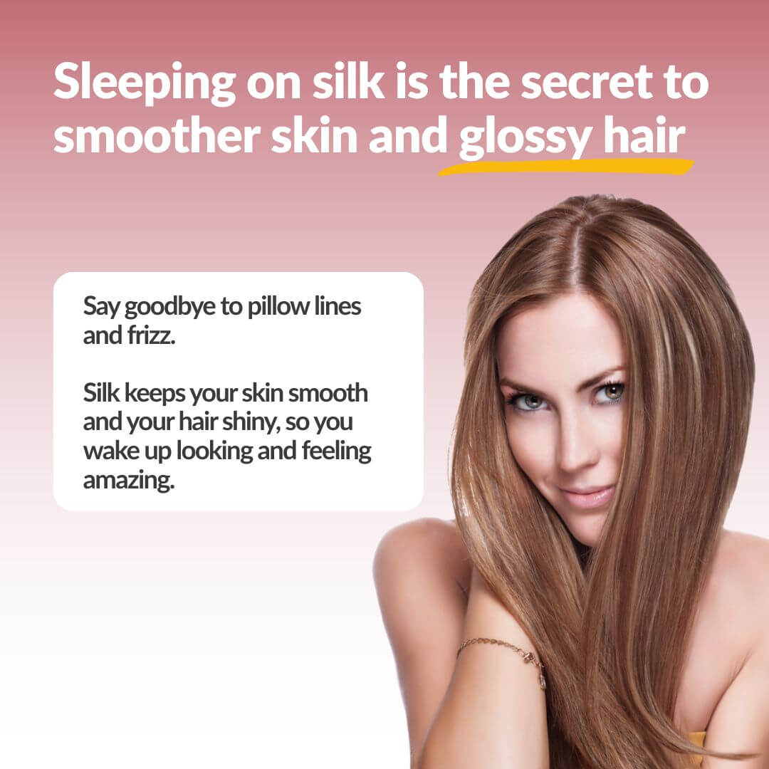 Promotional graphic with the text 'Sleeping on silk is the secret to smoother skin and glossy hair' above a woman with long, straight light brown hair against a pink gradient background.