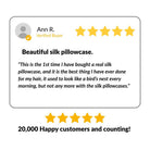 Five-star review for a silk pillowcase with a verified buyer's name and text.
