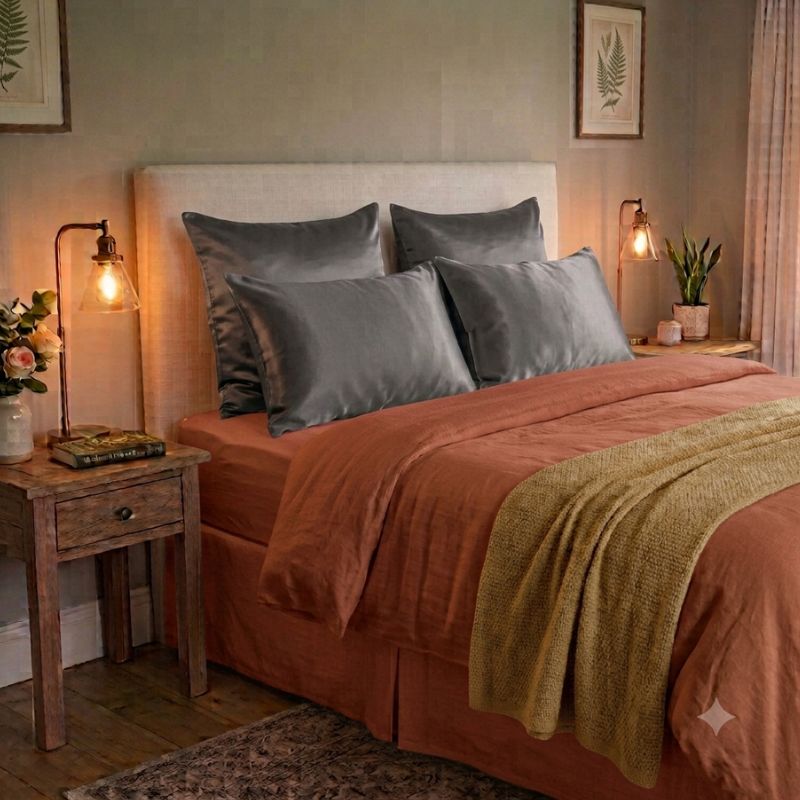 A styled bedroom scene showing a bed made up with rust-orange bedding, four charcoal grey silk pillows, a beige upholstered headboard, a wooden nightstand, bedside lamps, framed wall art, and a throw blanket.