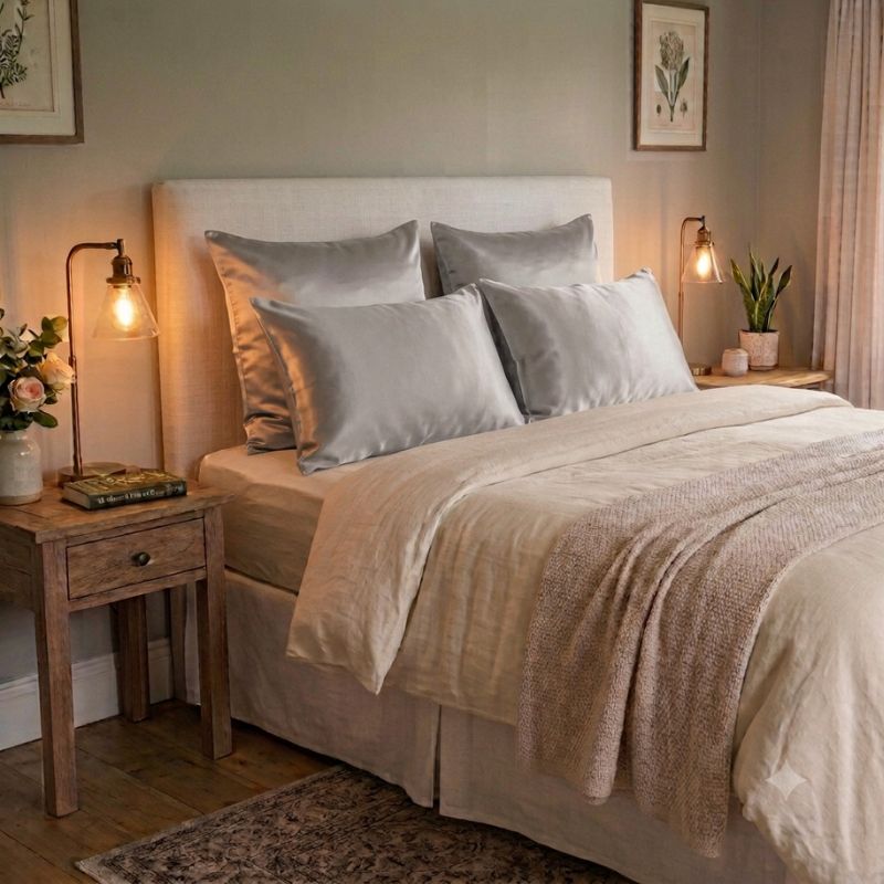 A neatly made bed in a softly lit bedroom, featuring light grey silk pillows and a beige duvet with a textured throw blanket. The bed is styled with a light upholstered headboard, wooden bedside tables with lit lamps, framed botanical wall art, and a small plant.
