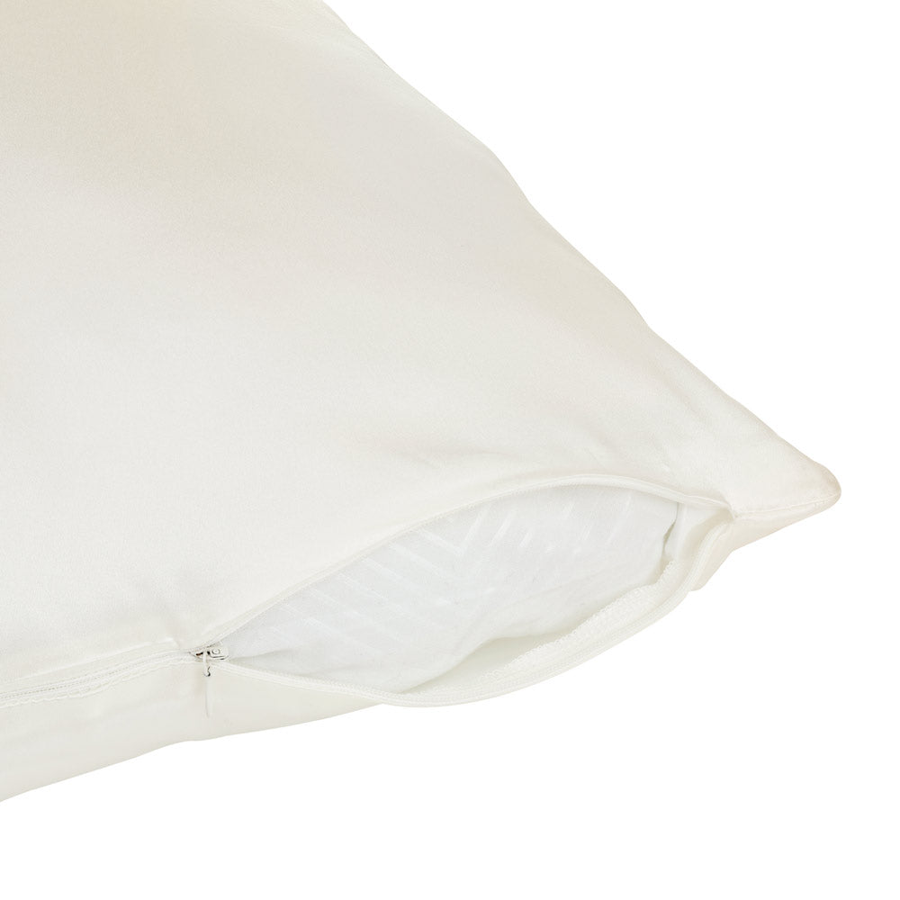 Ivory silk pillowcase with a zipper on a white background
