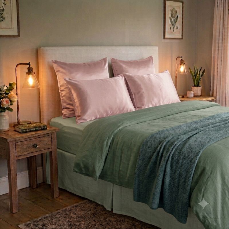 A neatly made bed in a styled bedroom, featuring dusty pink satin pillows, sage green bedding, and a textured teal throw blanket. The bed is dressed in a light beige upholstered headboard and surrounded by wooden bedside tables with lit lamps, flowers, and framed wall art.