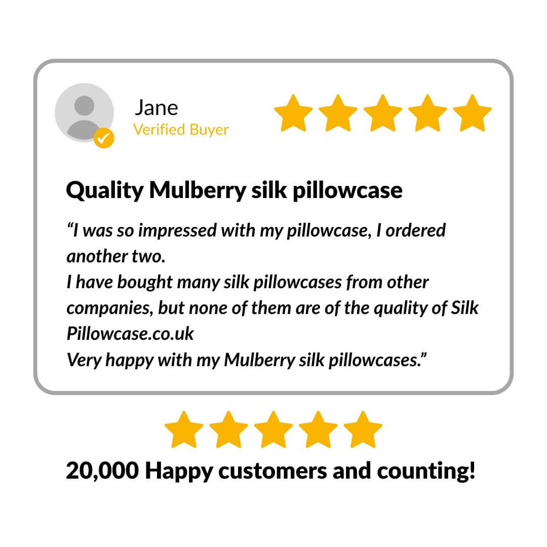 Five-star review for Mulberry silk pillowcases with a verified buyer's name and text.