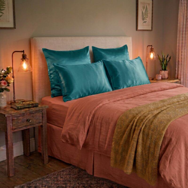 A styled bedroom scene showing a bed made up with teal silk pillowcases and matching teal shams over dusty rose bedding, with a textured mustard throw blanket draped across the foot. The bed has a light upholstered headboard, wooden bedside tables with lit lamps, framed wall art, and a curtain in a warm, cozy interior.