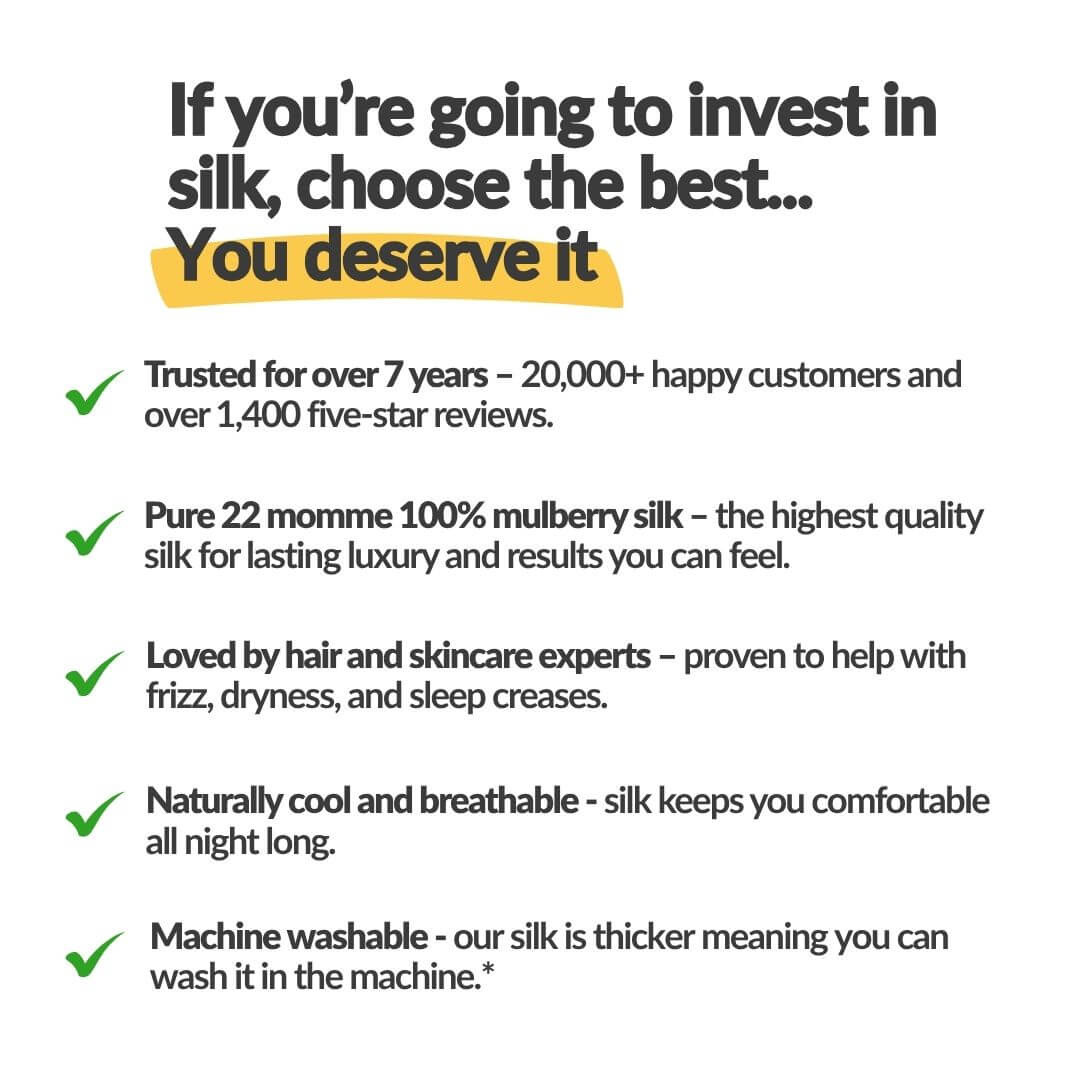 Promotional text about investing in high-quality silk products with benefits listed.