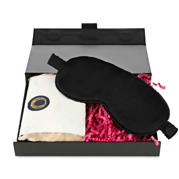 black silk eye mask scrunchies and silk pillowcase